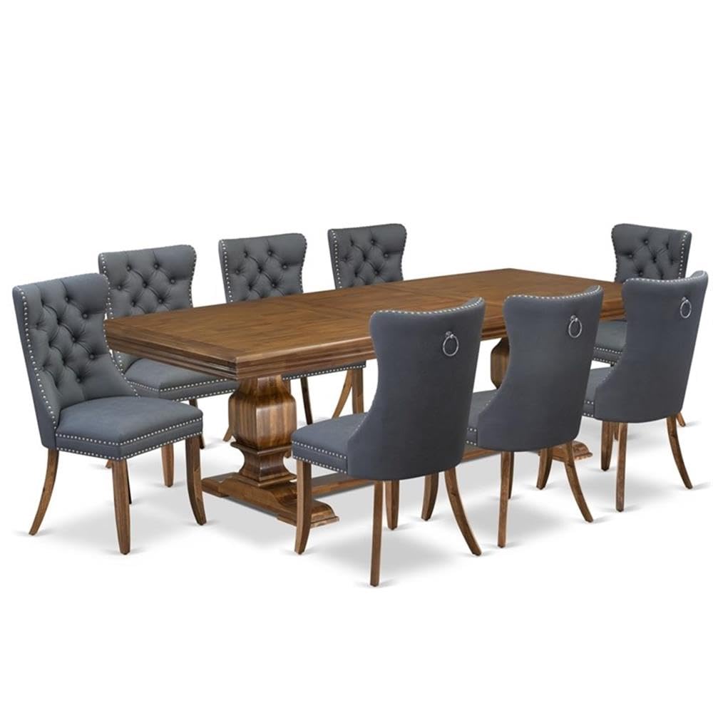 9-Piece Acacia Wood Dining Table Set with 8 Faux Leather Chairs D50548