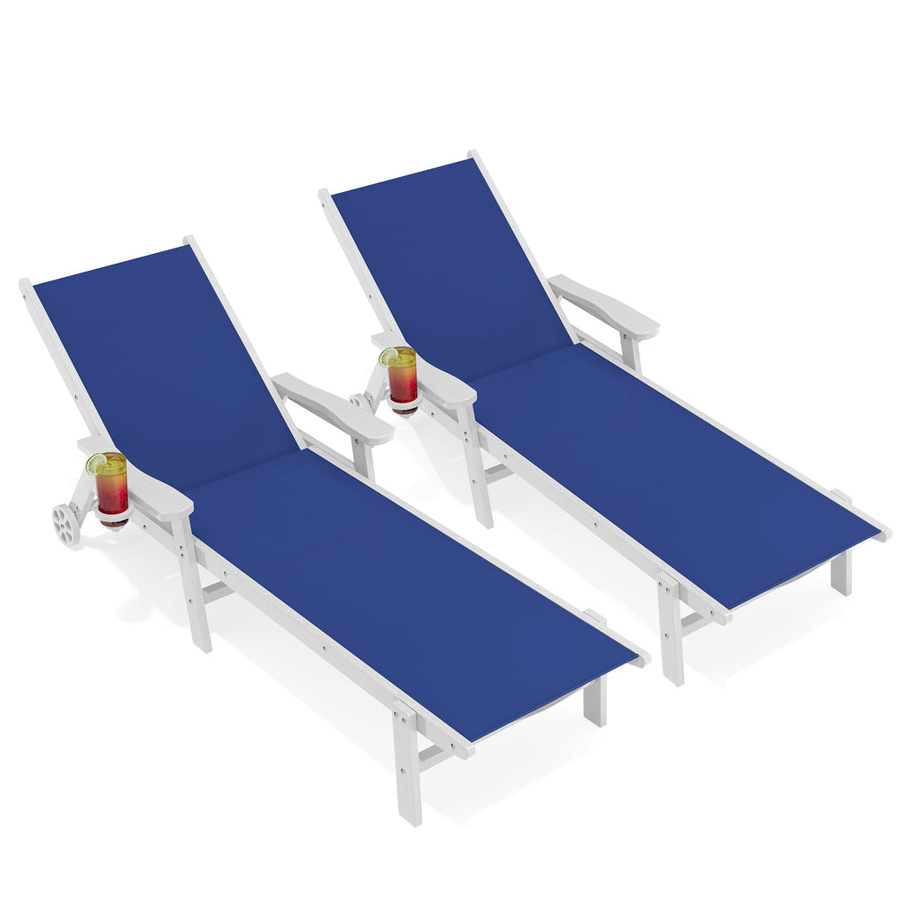 Royal Blue Patio Chaise Lounge Chair Set of 2 with Cup Holder B1640