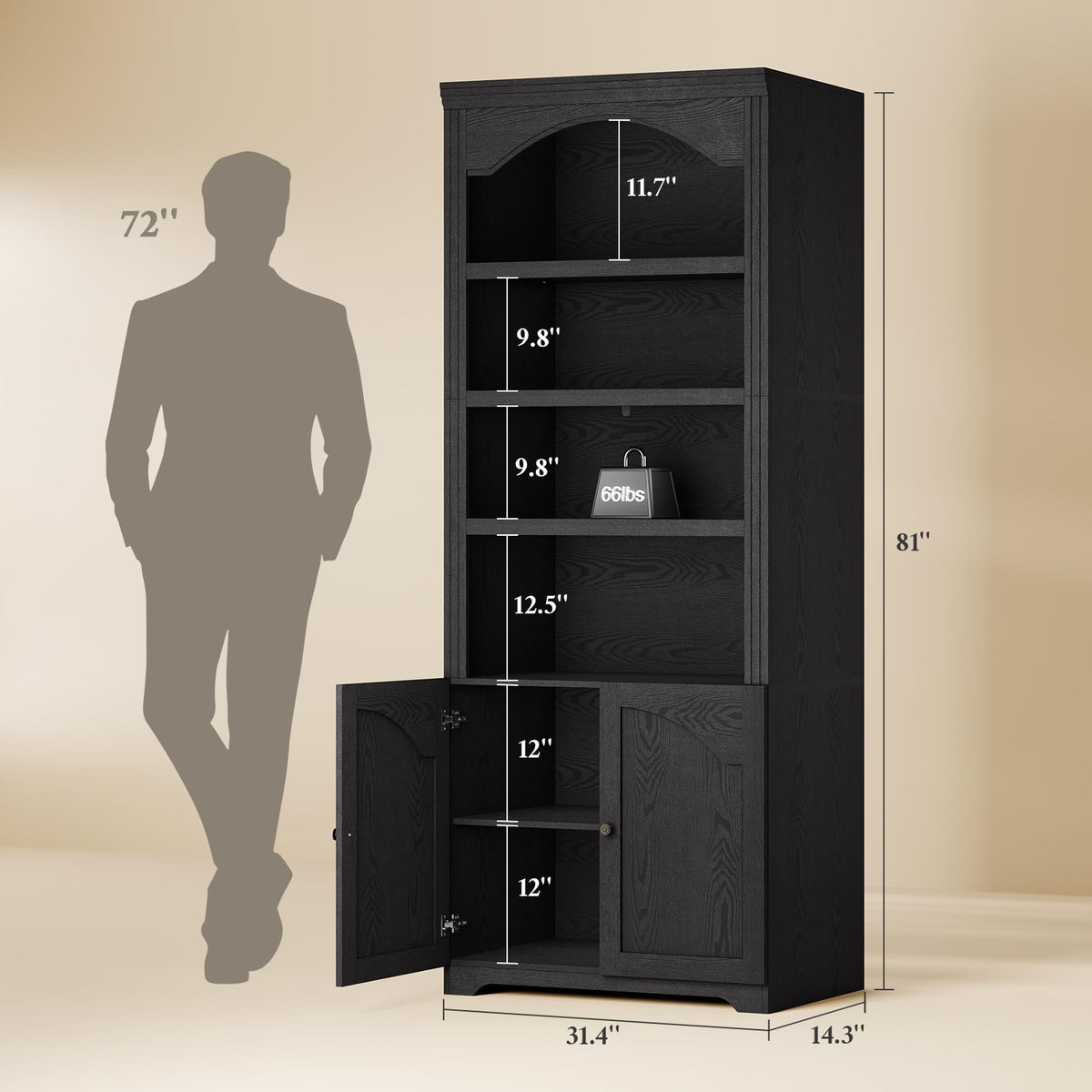 81"x31.4" Arched Bookcase with Adjustable Shelves & Doors E7299