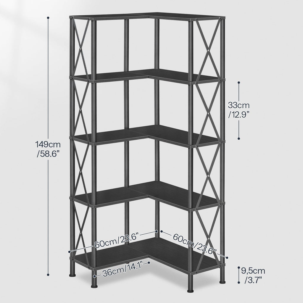 Black 5-Tier L-Shaped Corner Bookshelf W631