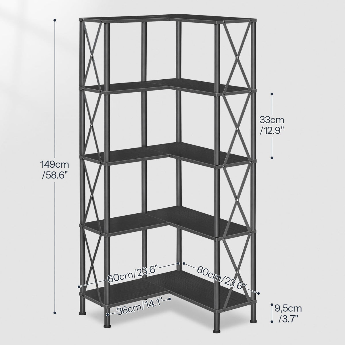 Black 5-Tier L-Shaped Corner Bookshelf W631