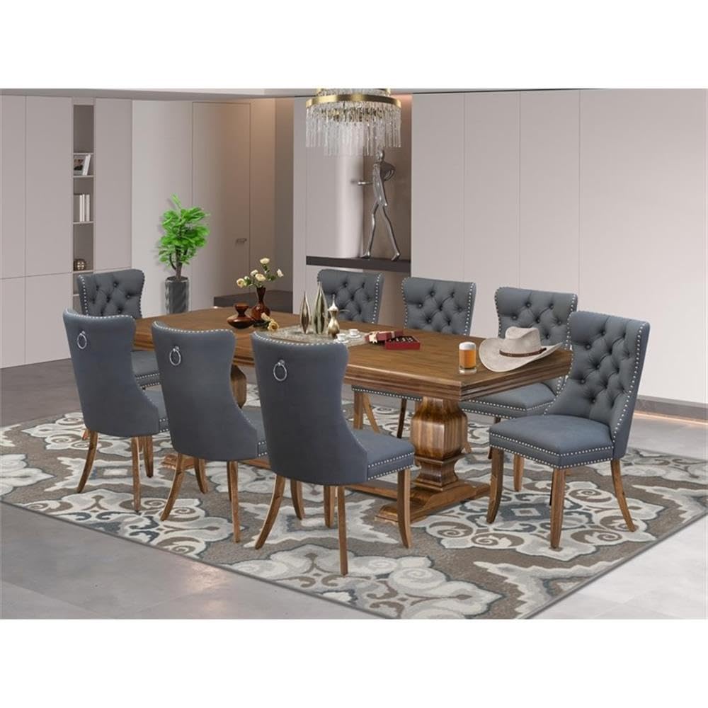 9-Piece Acacia Wood Dining Table Set with 8 Faux Leather Chairs D50548