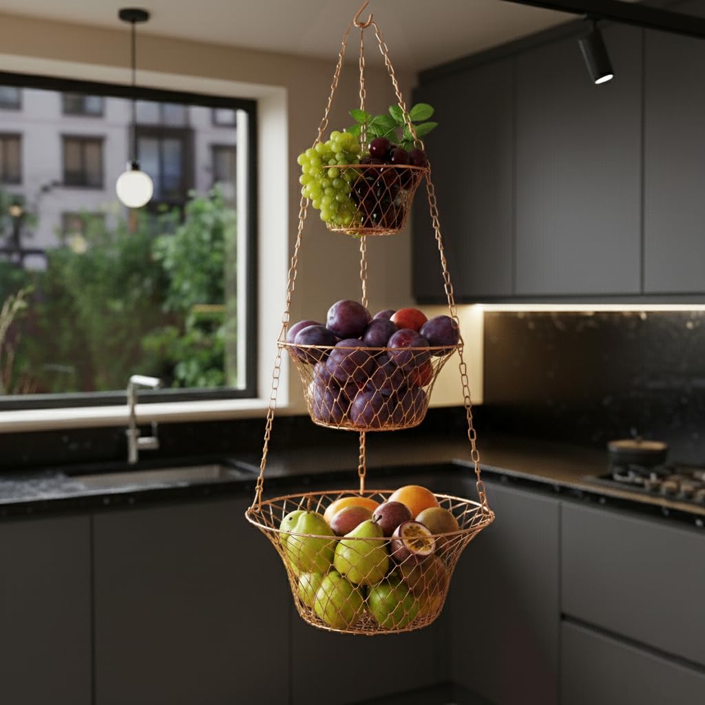 3 Tier Heavy Duty Wire Fruit and Vegetable Basket with Hooks C428