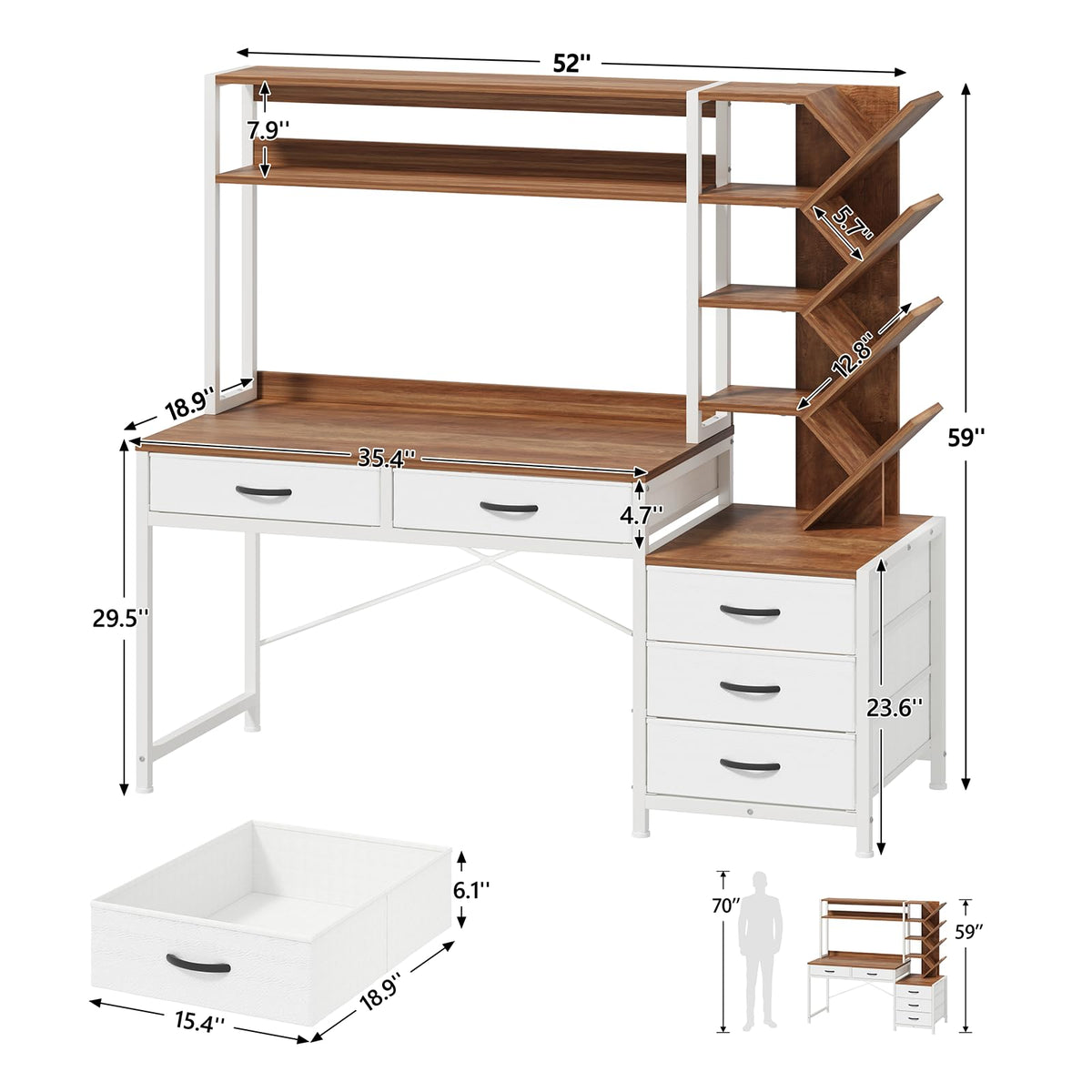 52" Computer Desk with Bookshelf, 5 Drawers & Hutch A695699
