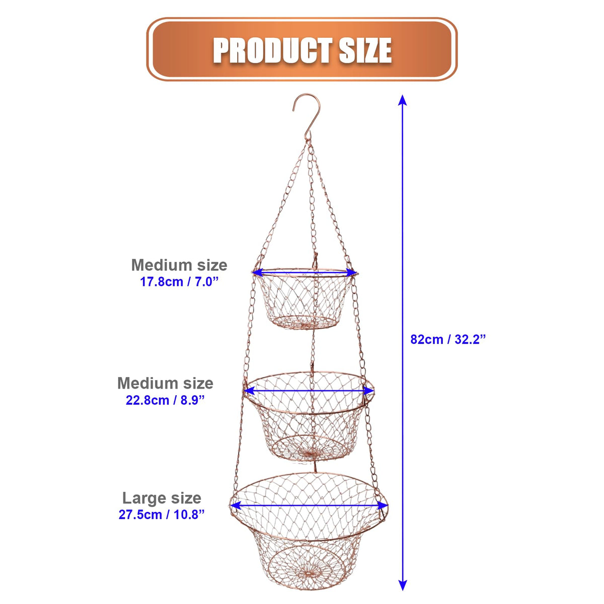 3 Tier Heavy Duty Wire Fruit and Vegetable Basket with Hooks C428