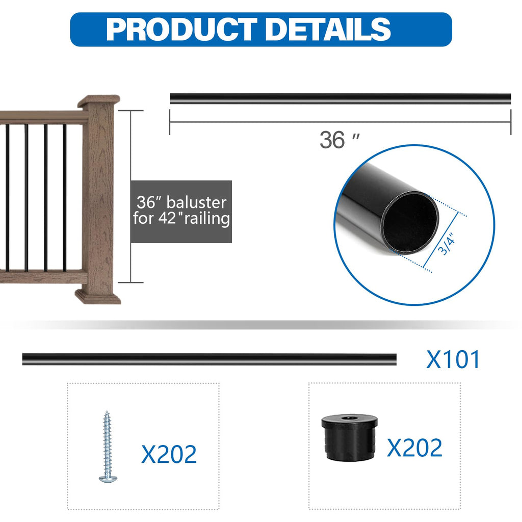 101 Pack 36" Round Black Aluminum Deck Balusters T65492