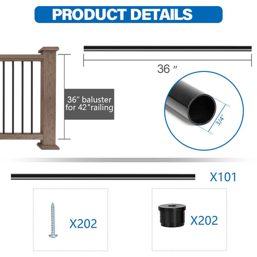 101 Pack 36" Round Black Aluminum Deck Balusters T65492