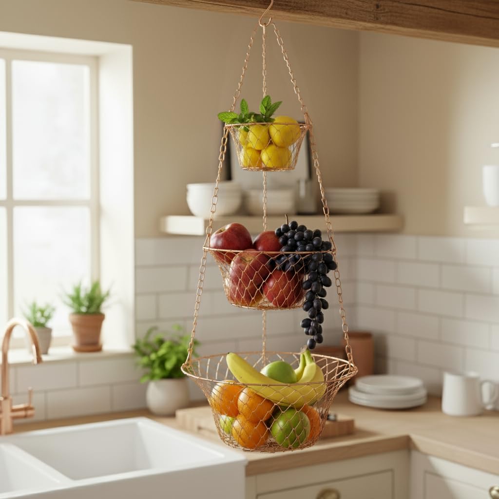 3 Tier Heavy Duty Wire Fruit and Vegetable Basket with Hooks C428