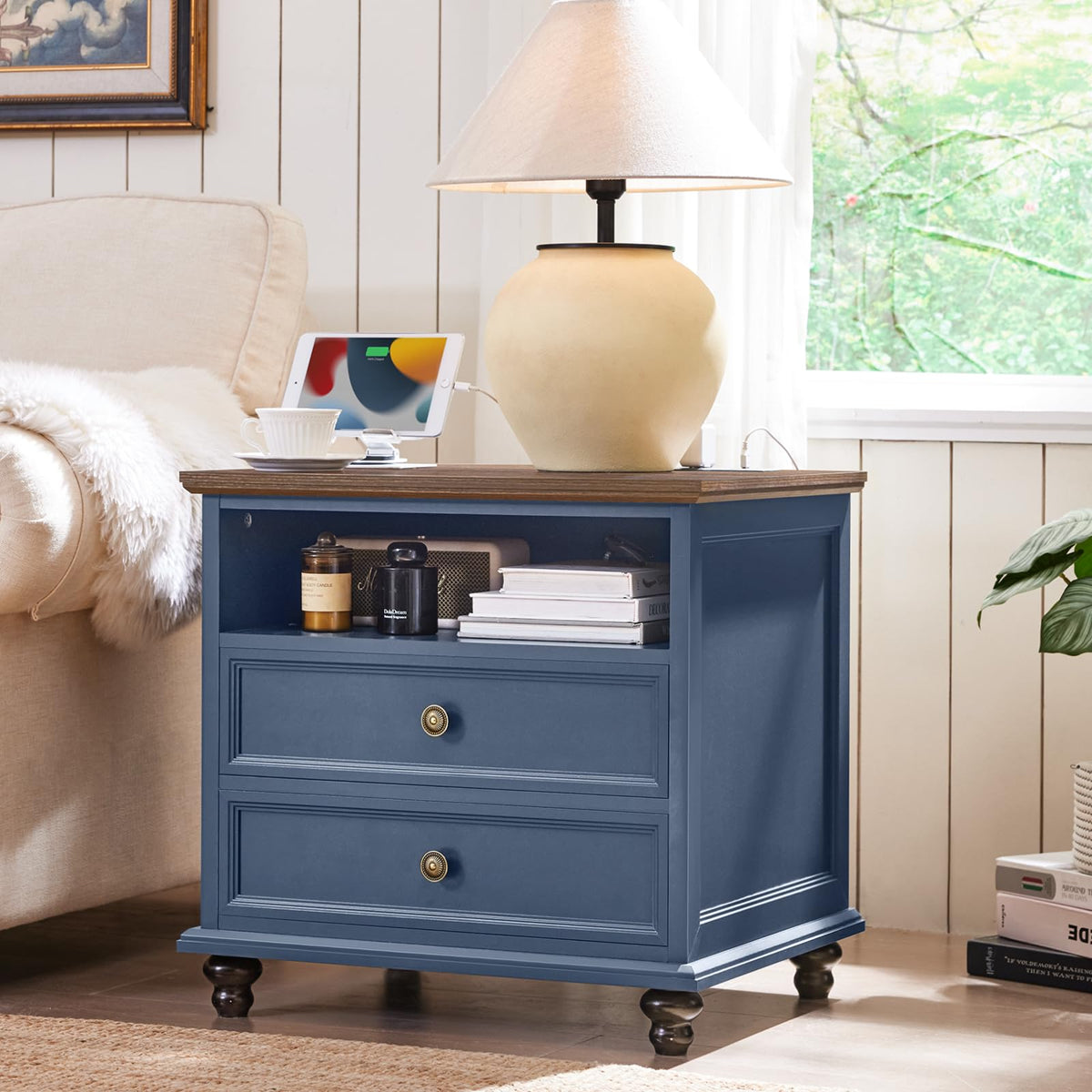 Blue 2 Drawer Nightstand Set of 2 with Charging Station R53485