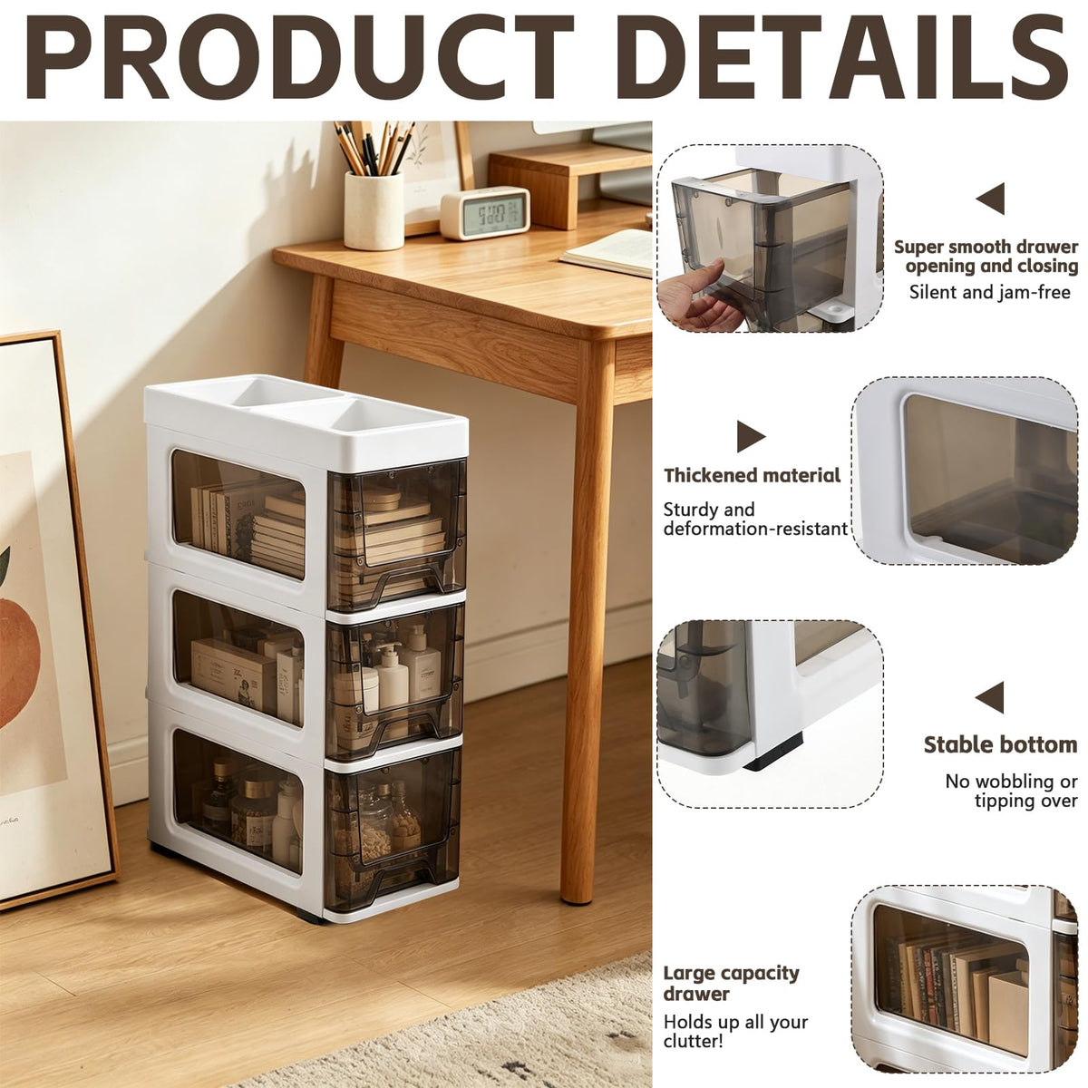 3 Drawer Narrow Plastic Storage Cart with Wheels U410651