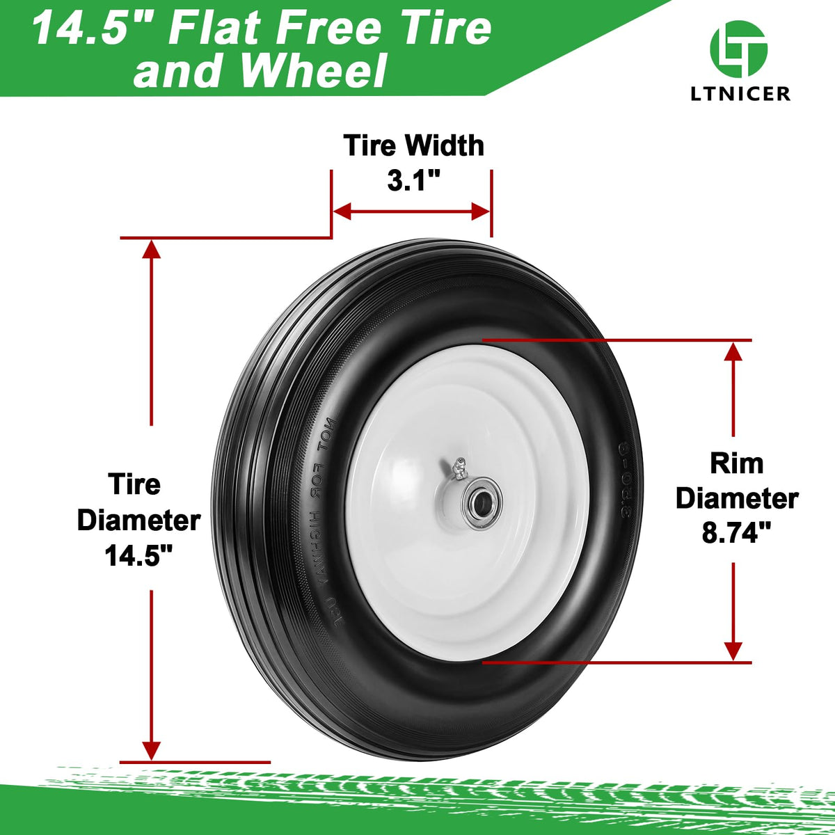 14.5" Flat Free Wheelbarrow Tire with 3/4" & 5/8" Bearing I349
