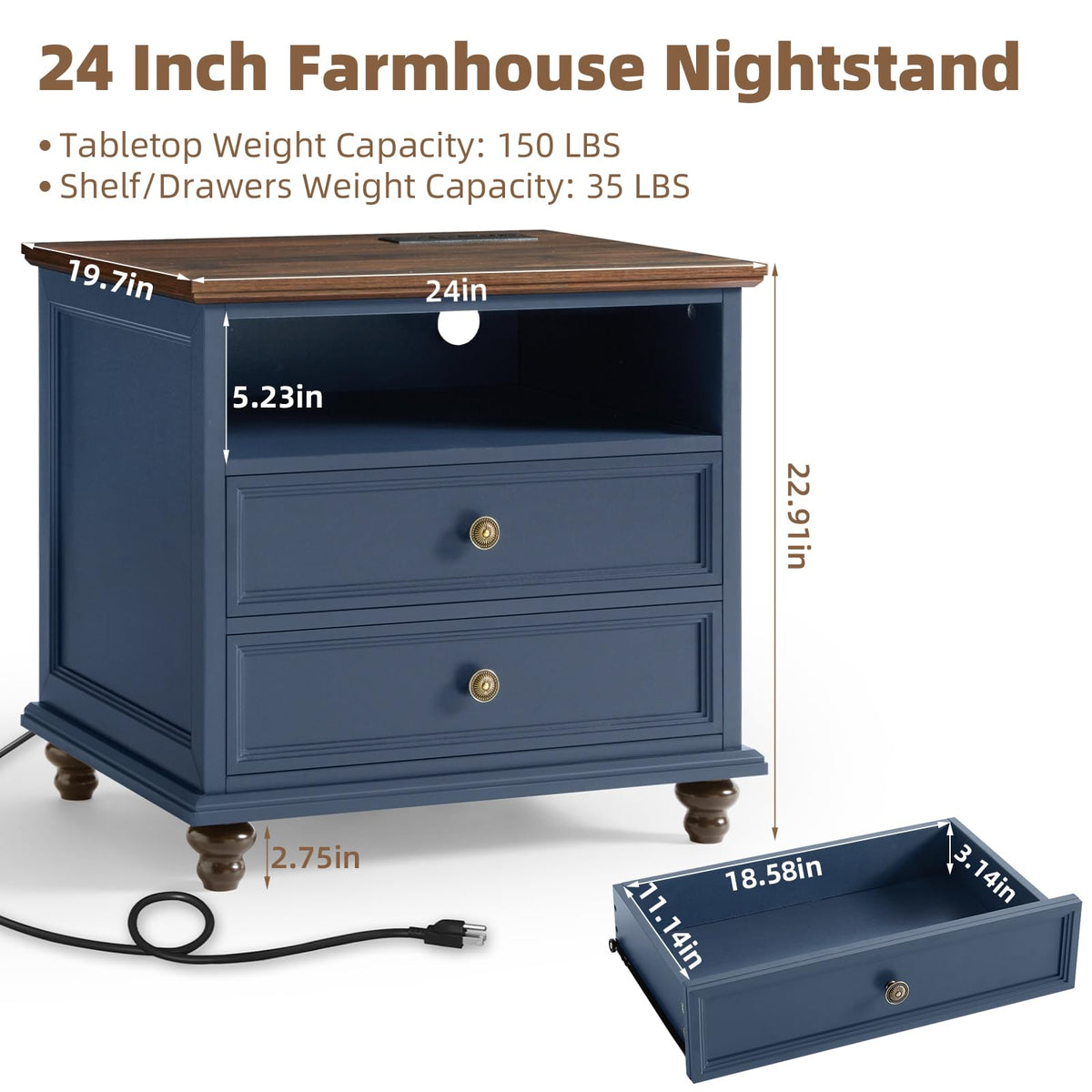 Blue 2 Drawer Nightstand Set of 2 with Charging Station R53485