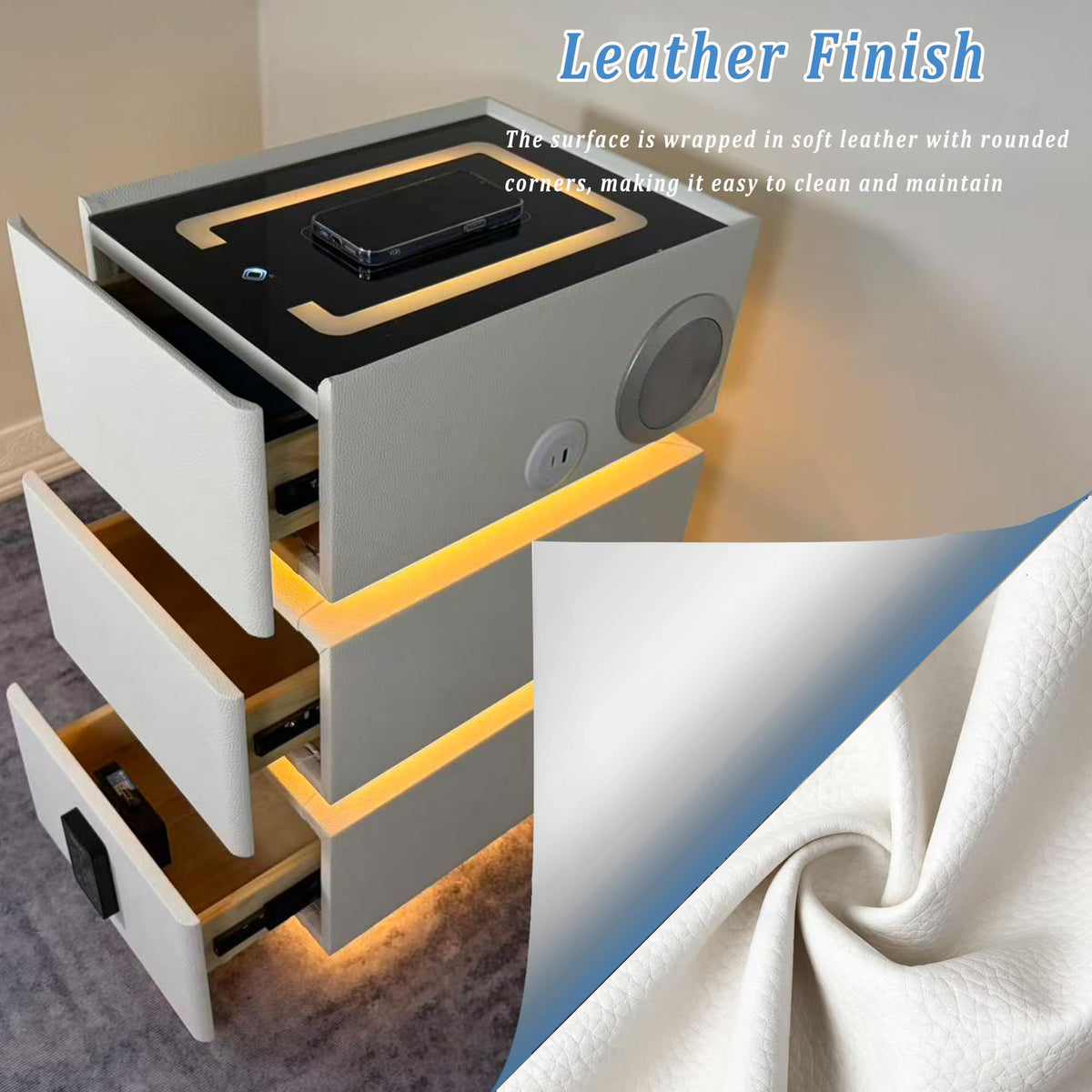 White 3 Drawer Faux Leather Nightstand with Charging Station D390976