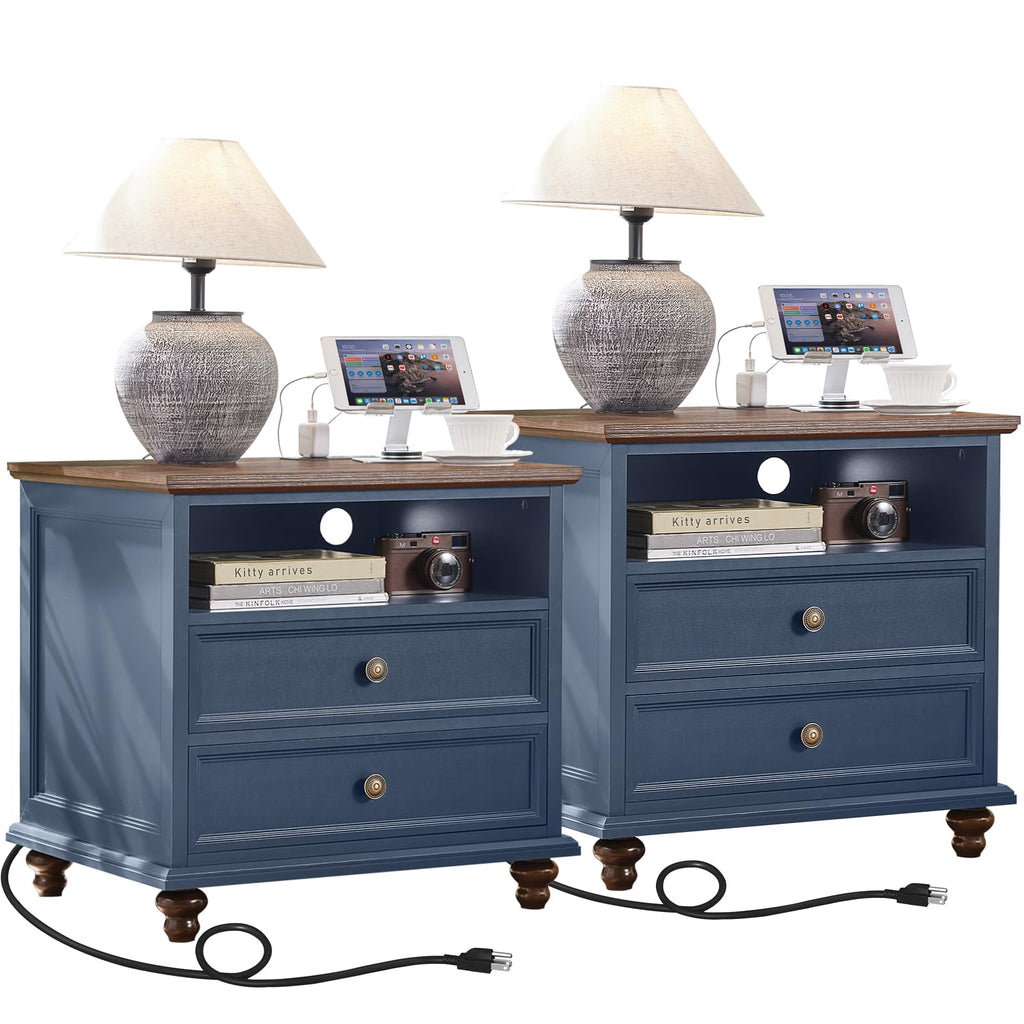 Blue 2 Drawer Nightstand Set of 2 with Charging Station R53485