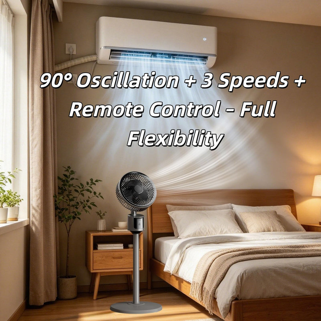 Standing Fan with Remote, 90° Oscillating, 3 Speeds, Adjustable Height, Gray I781137