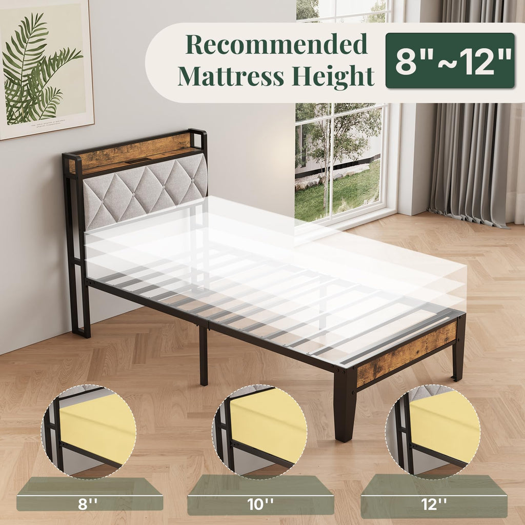 Twin Bed Frame with Upholstered Storage Headboard and USB Charging Station N403973