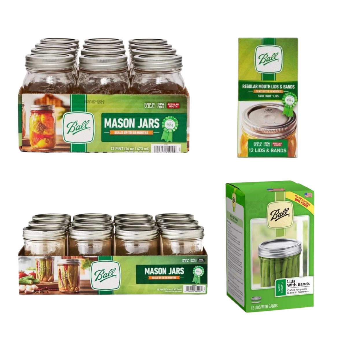 Glass Mason Jars, Pint Size 16 Ounce, Wide Mouth and Regular Mouth with Lids & Bands R763