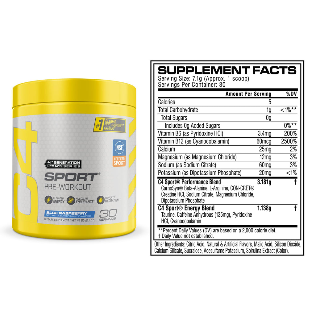 Pre Workout Powder with 135mg Caffeine, Blue Raspberry, 30 Serv W8555