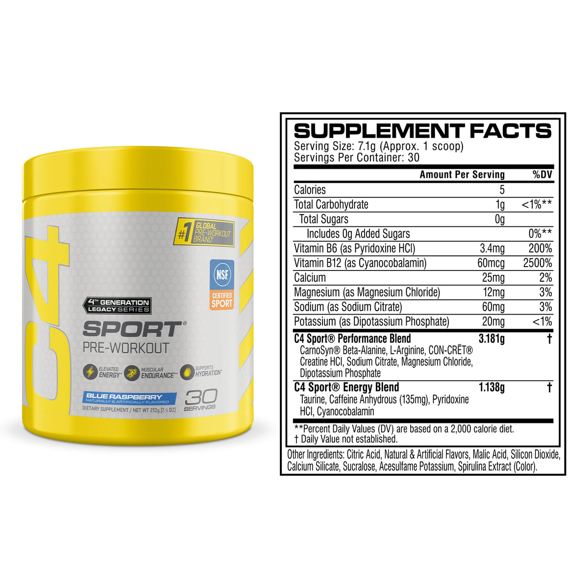 Pre Workout Powder with 135mg Caffeine, Blue Raspberry, 30 Serv W8555