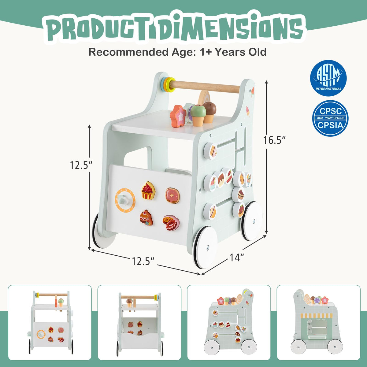 Wooden Baby Walker with Storage and Wheels R956