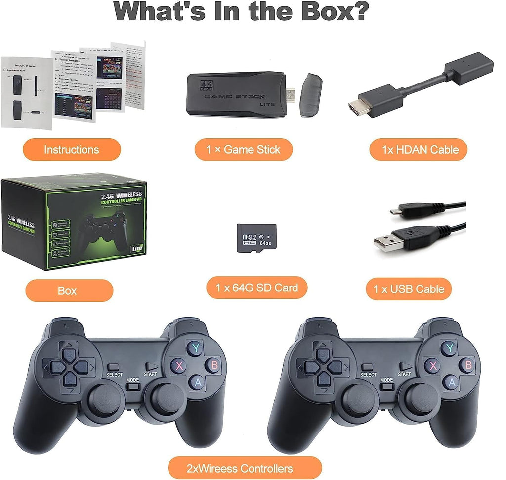 Plug and Play Retro Game Console with 4K HDMI Output, 2.4G Wireless Controllers, 64GB Memory Card Z3181