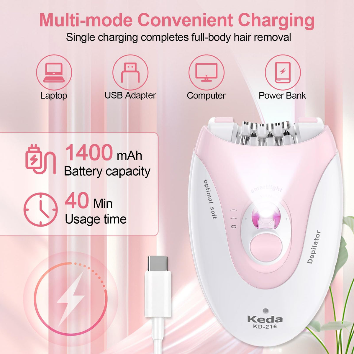 2 Speeds Rechargeable Epilator with LED Light W277819