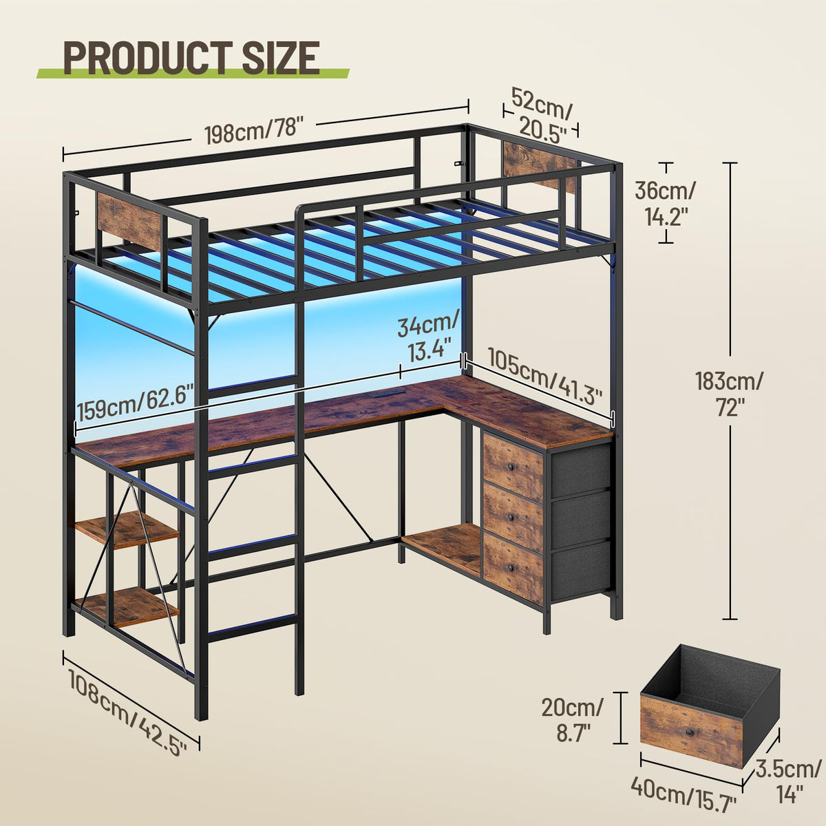 Twin Size Metal Loft Bed with L-Shaped Desk, 3 Storage Drawers, LED Light & Ladder M537661