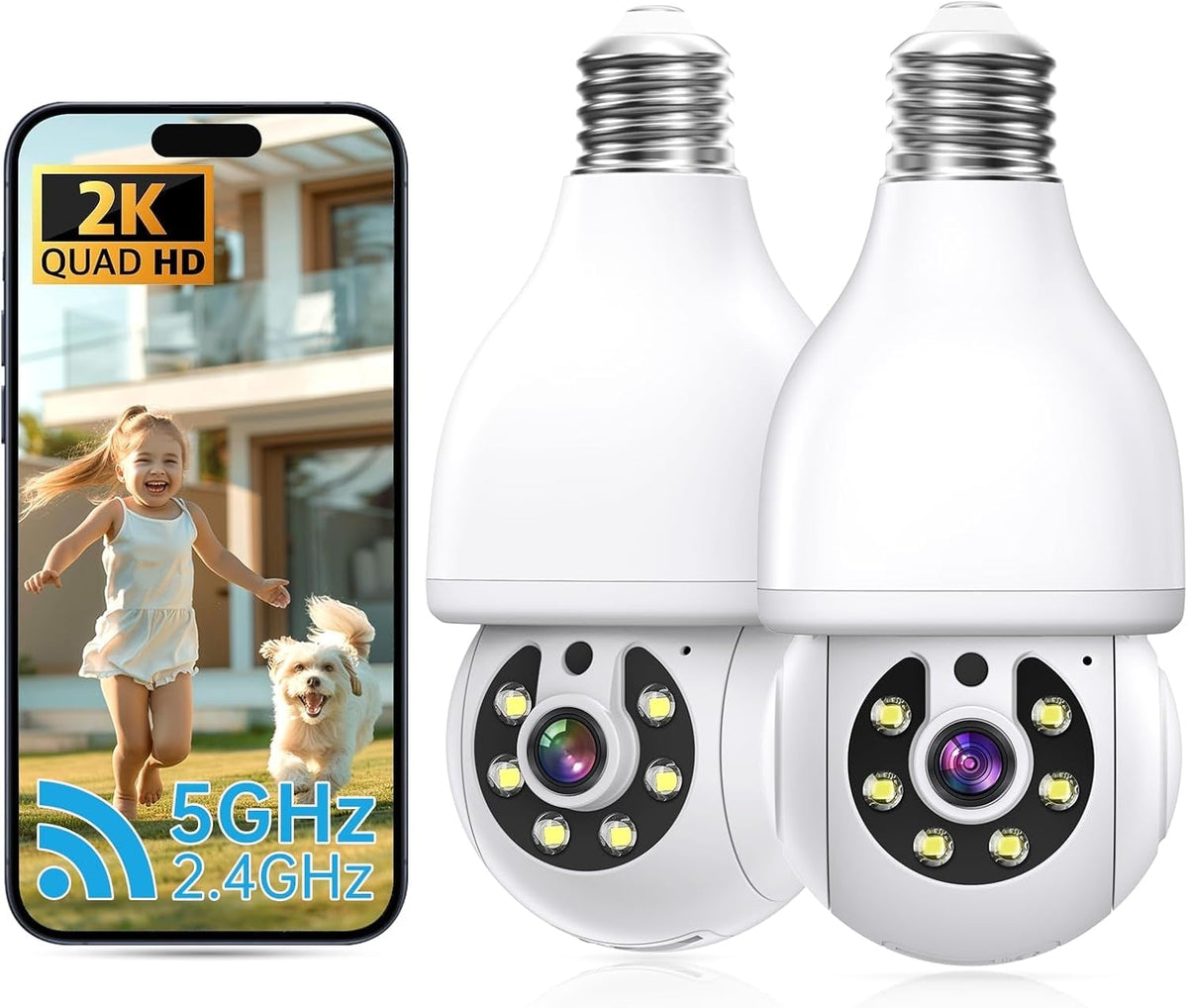 2K Light Bulb Security Camera 5G&2.4G WiFi 360° 2 Pack B402