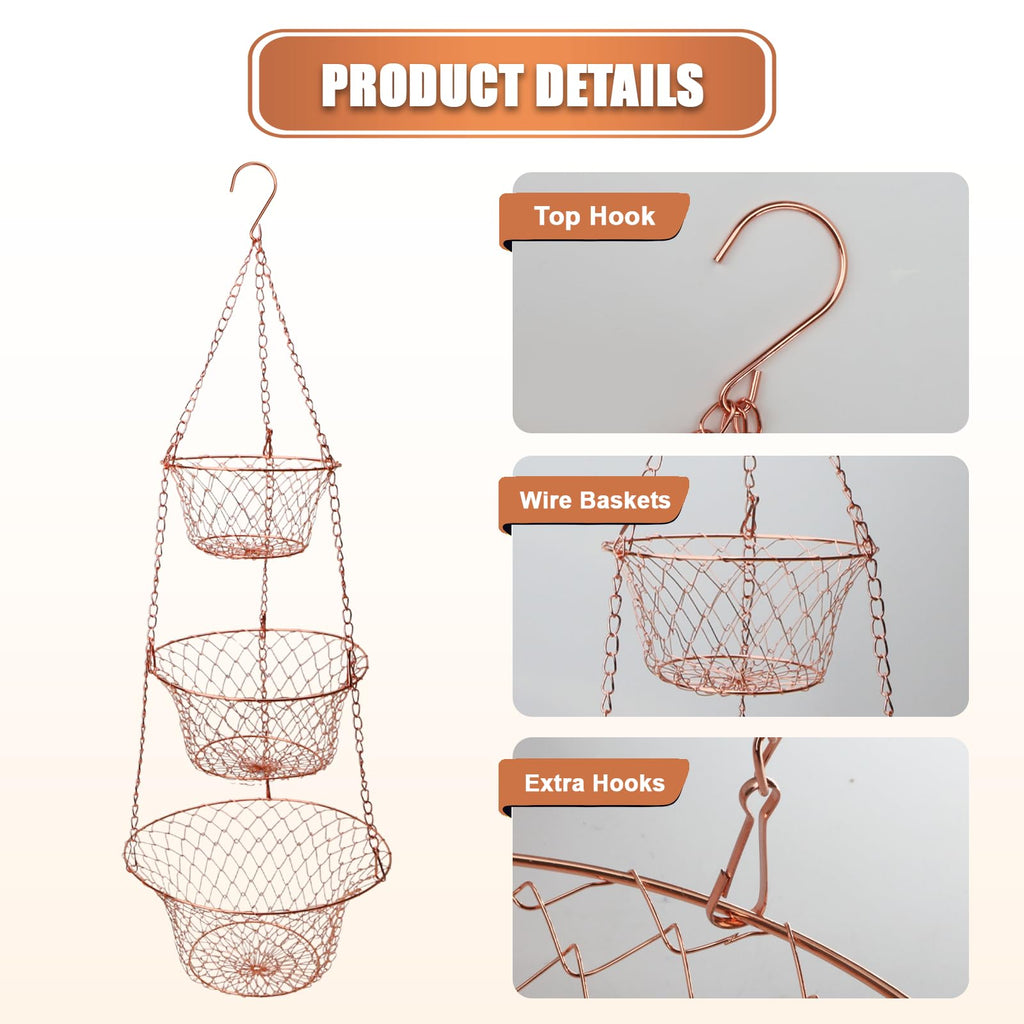 3 Tier Heavy Duty Wire Fruit and Vegetable Basket with Hooks C428