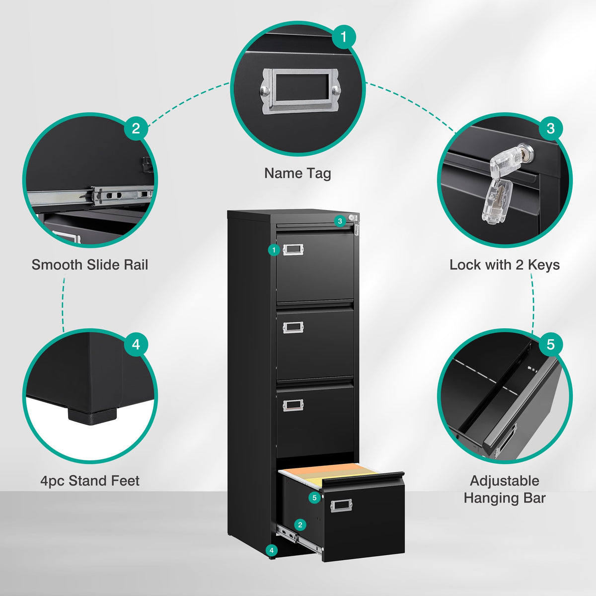 4 Drawer Black Metal File Cabinet with Lock B6711