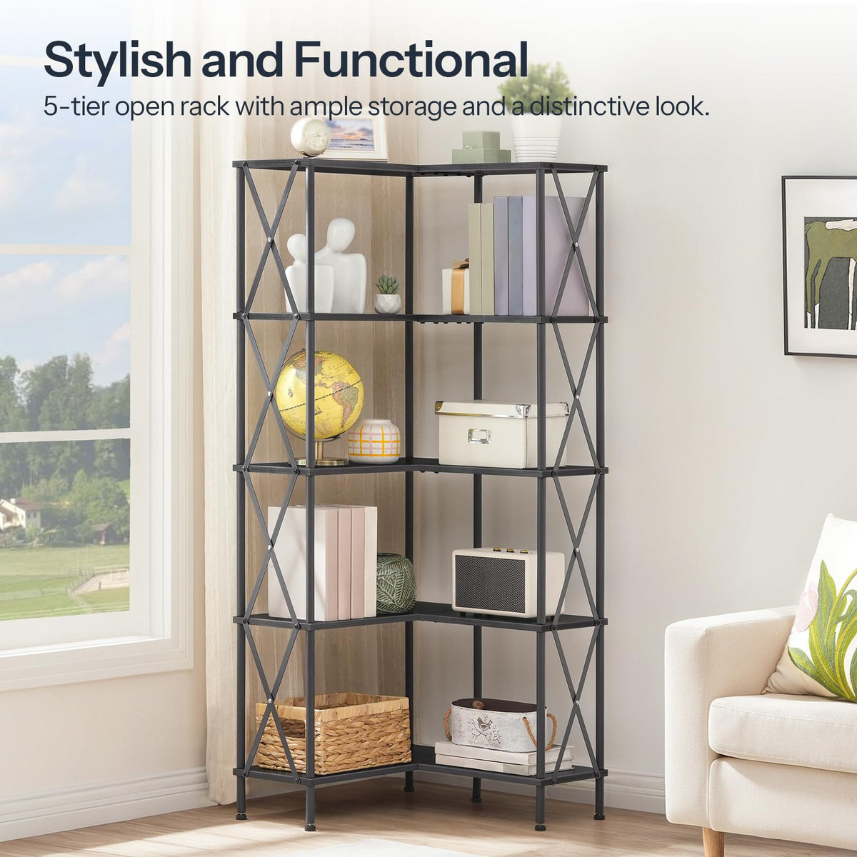 Black 5-Tier L-Shaped Corner Bookshelf W631