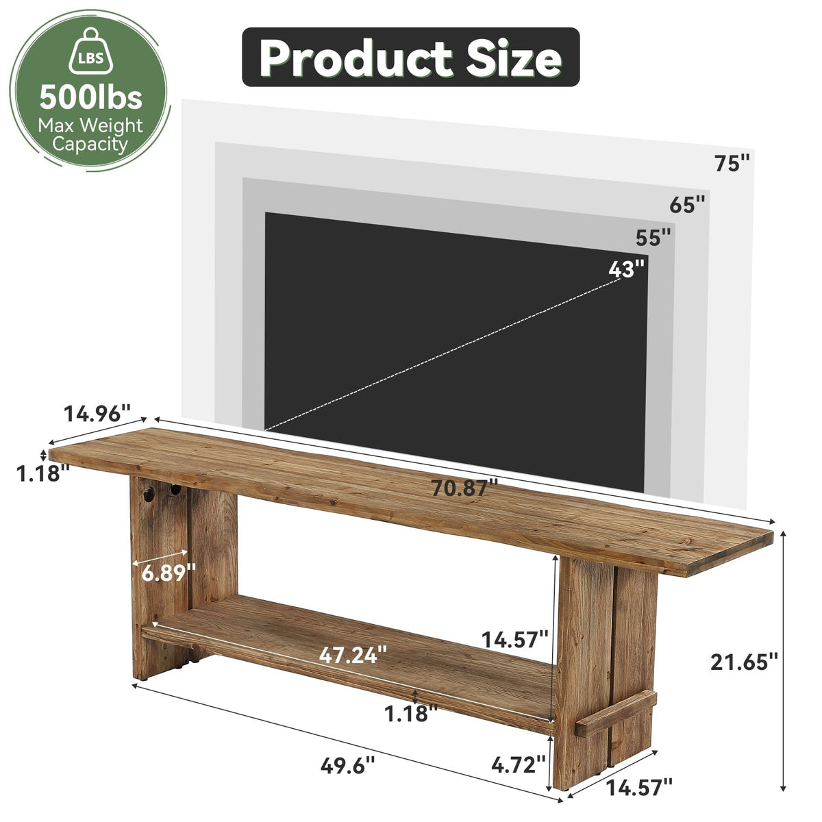 71" Solid Wood 2-Tier TV Stand L212