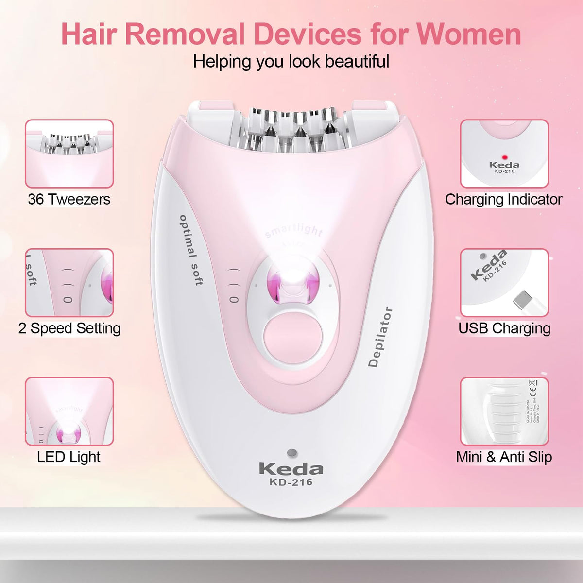 2 Speeds Rechargeable Epilator with LED Light W277819
