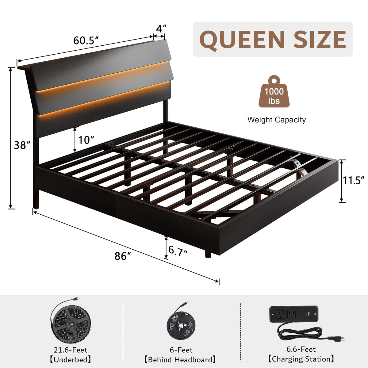 Queen Floating Bed Frame with LED Lights & Charging Station J291