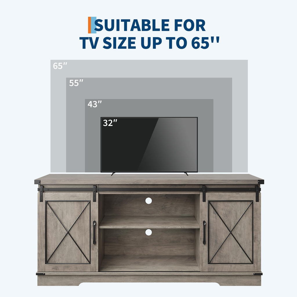 Farmhouse TV Stand with Sliding Barn Doors and Storage Cabinets, Grey E754