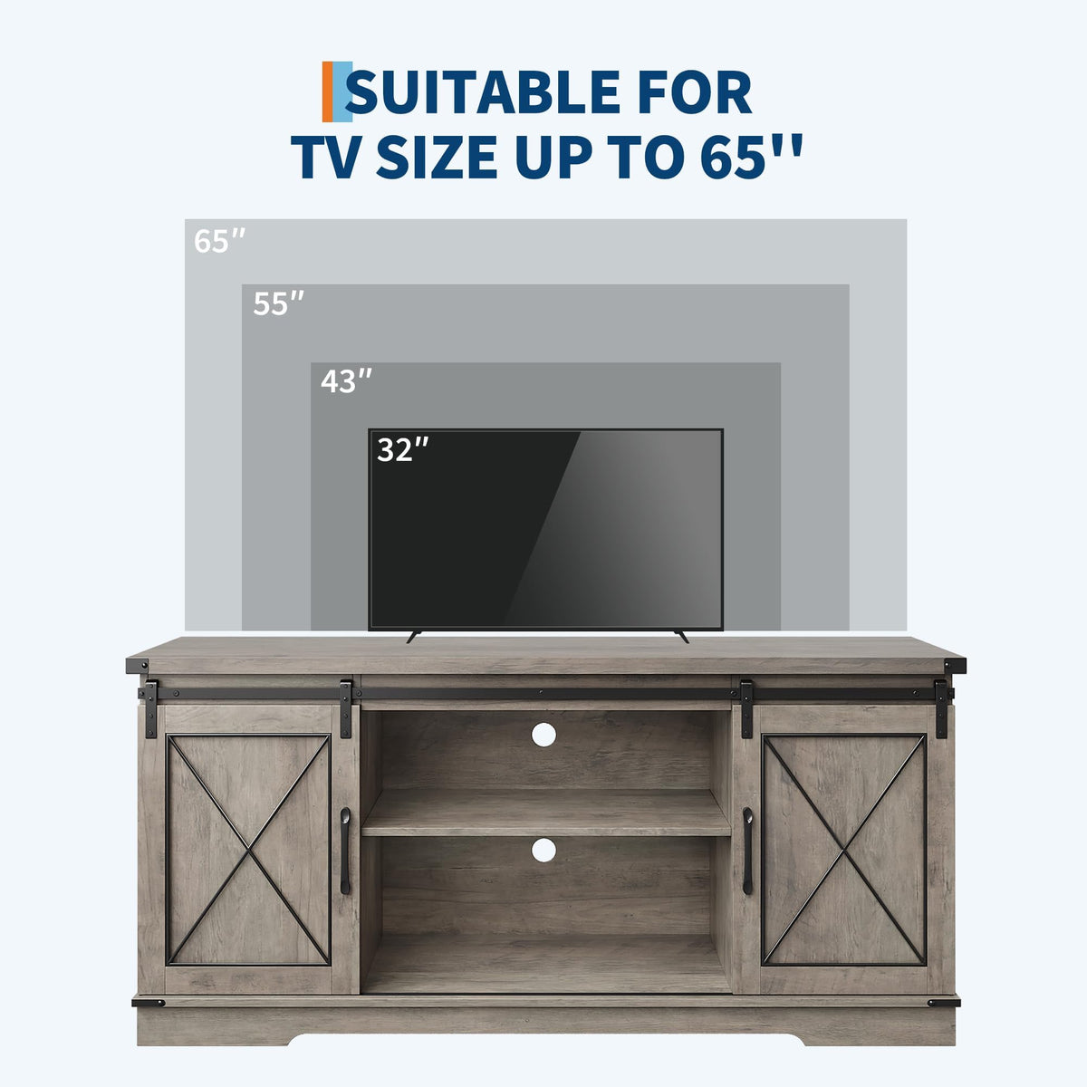 Farmhouse TV Stand with Sliding Barn Doors and Storage Cabinets, Grey E754