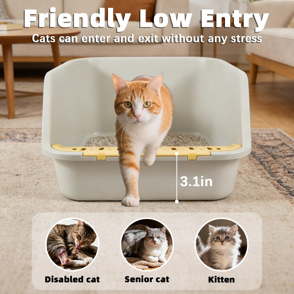 High Sides Open Top Cat Litter Box with Low Entry D214