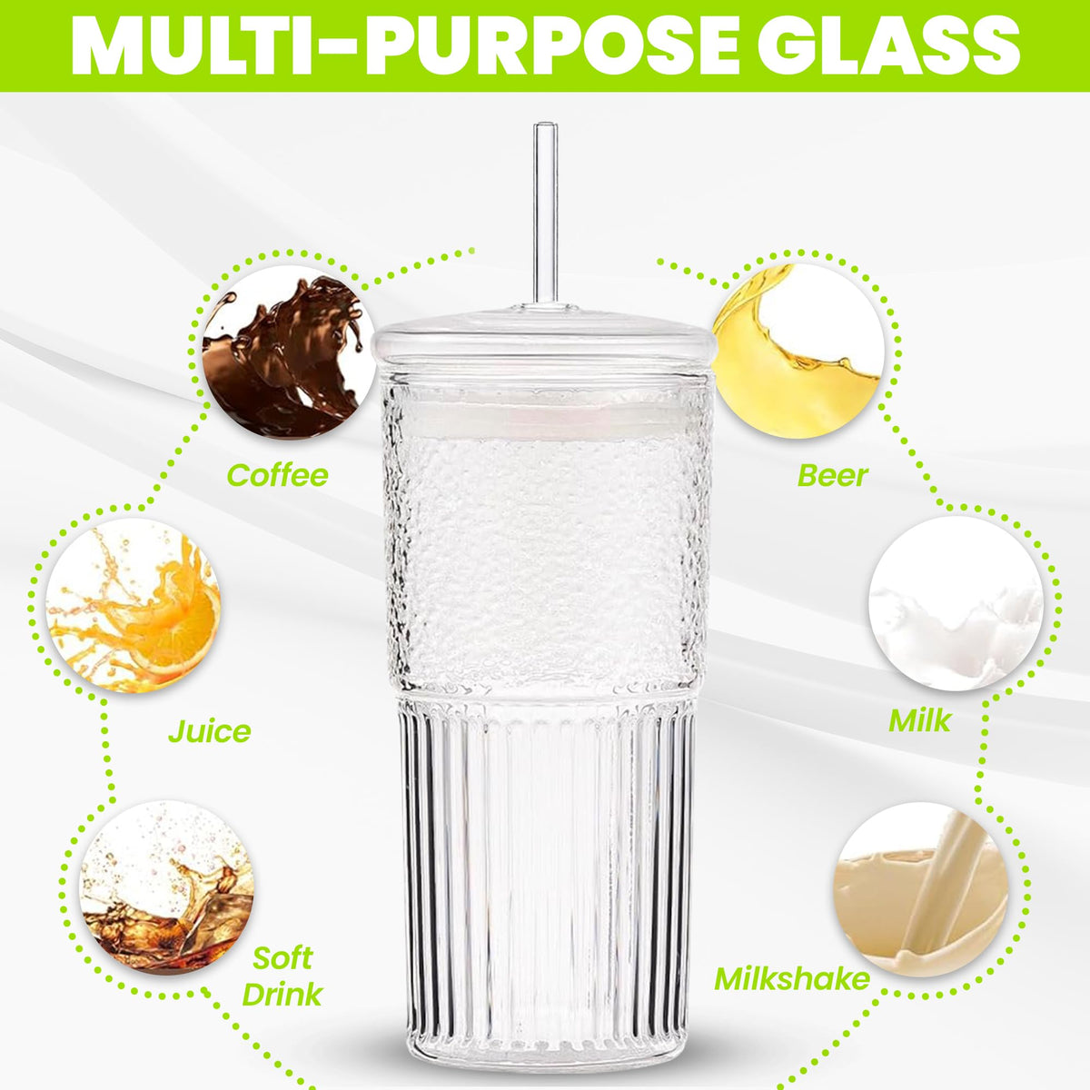 Clear 22 oz Glass Cup with Lid and Straw O494
