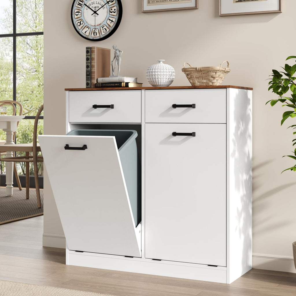 Antique White Double Tilt Out Trash Can Cabinet with 2 Drawers K803