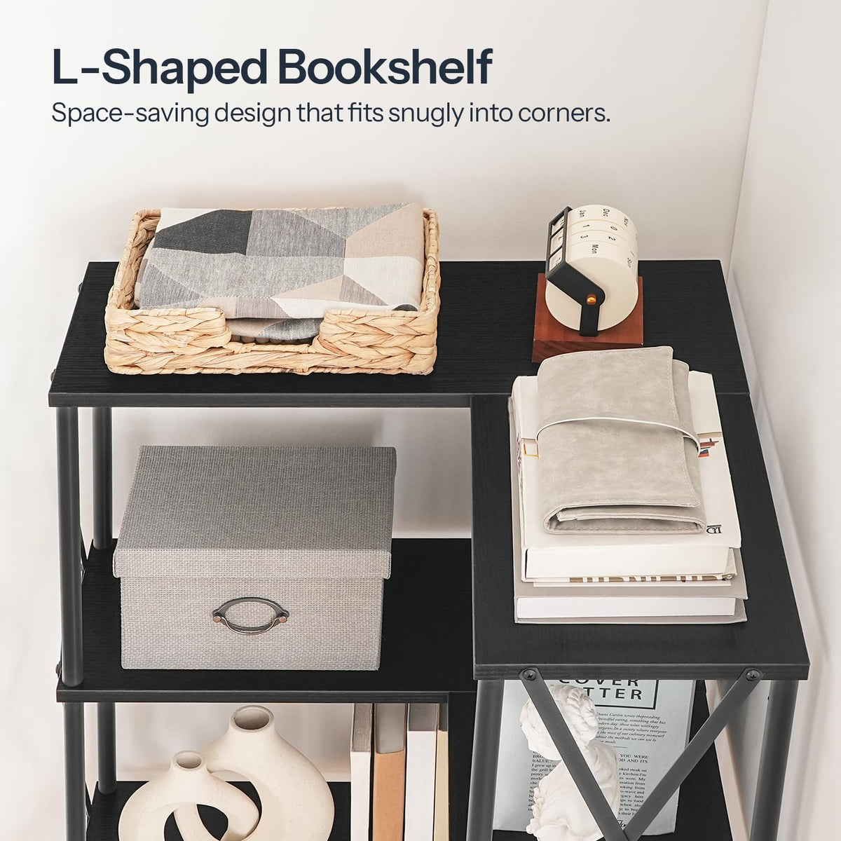 Black 5-Tier L-Shaped Corner Bookshelf W631