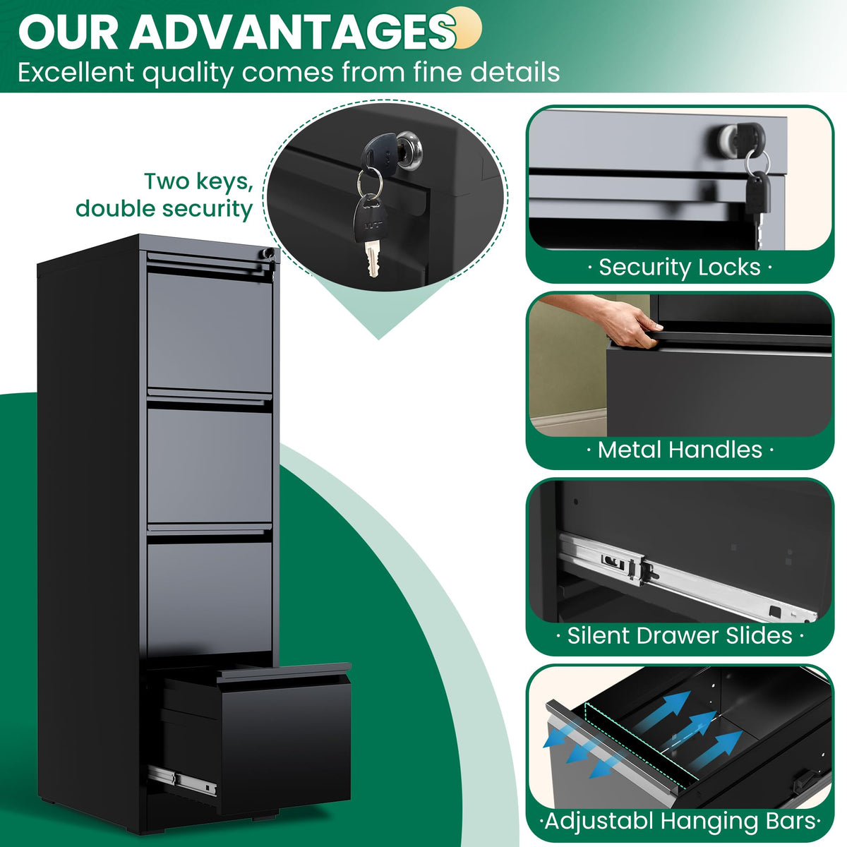 Black 4 Drawer Metal File Cabinet with Lock B967