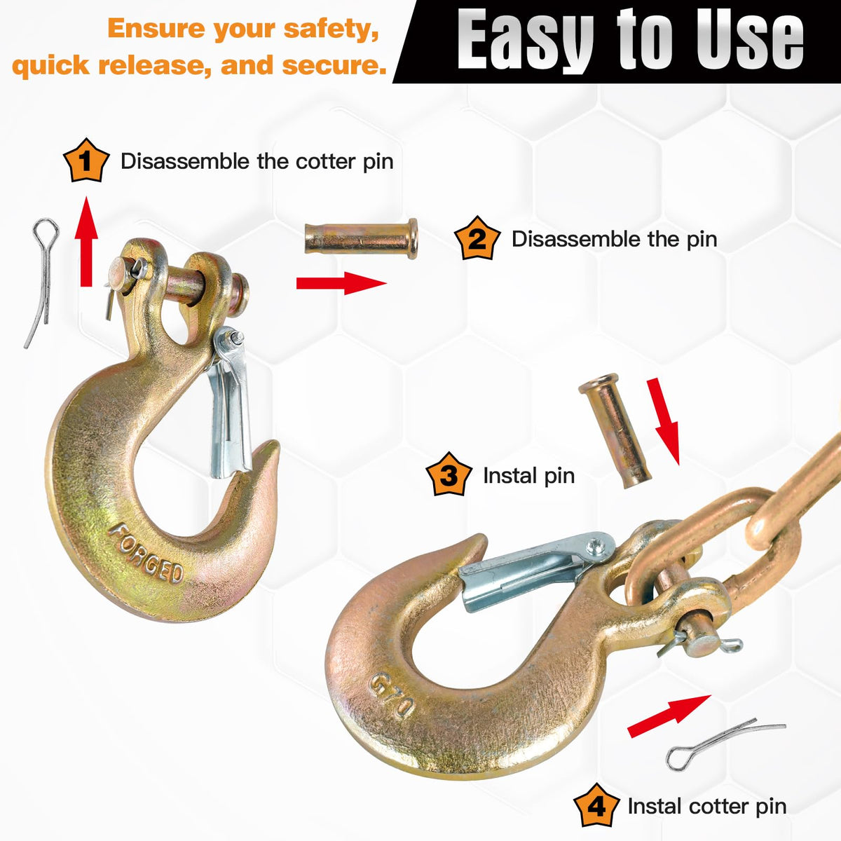2 Pack 3/8" G70 Clevis Slip Hooks with Safety Latch M3778