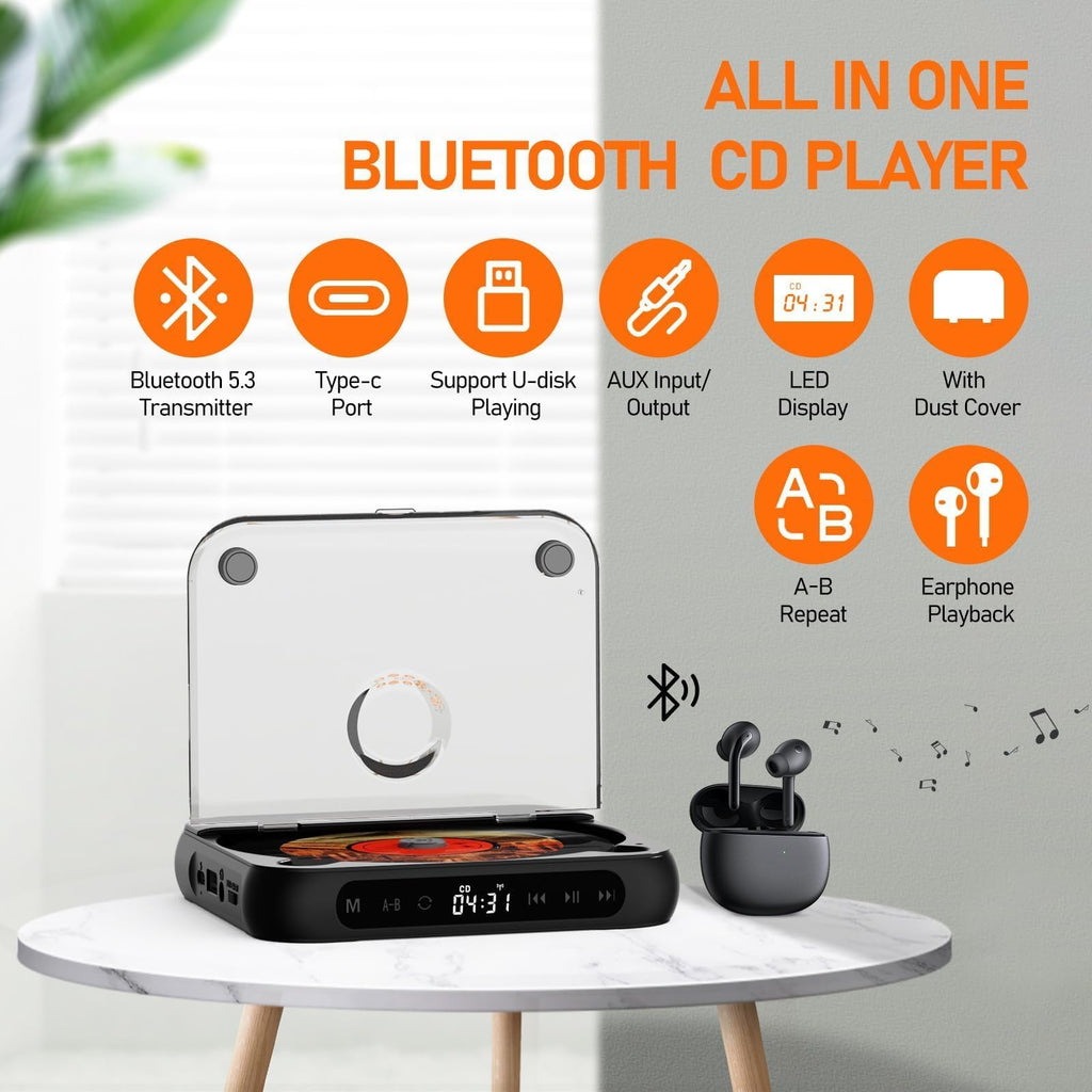 Portable CD Player with Dual Stereo Speakers, Bluetooth and Headphones, Black J64808