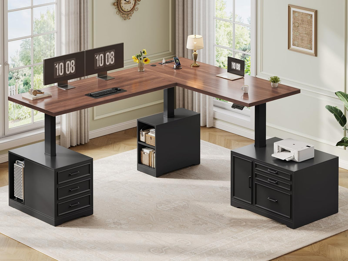 L Shaped Black Electric Standing Desk with 6 Drawers S466