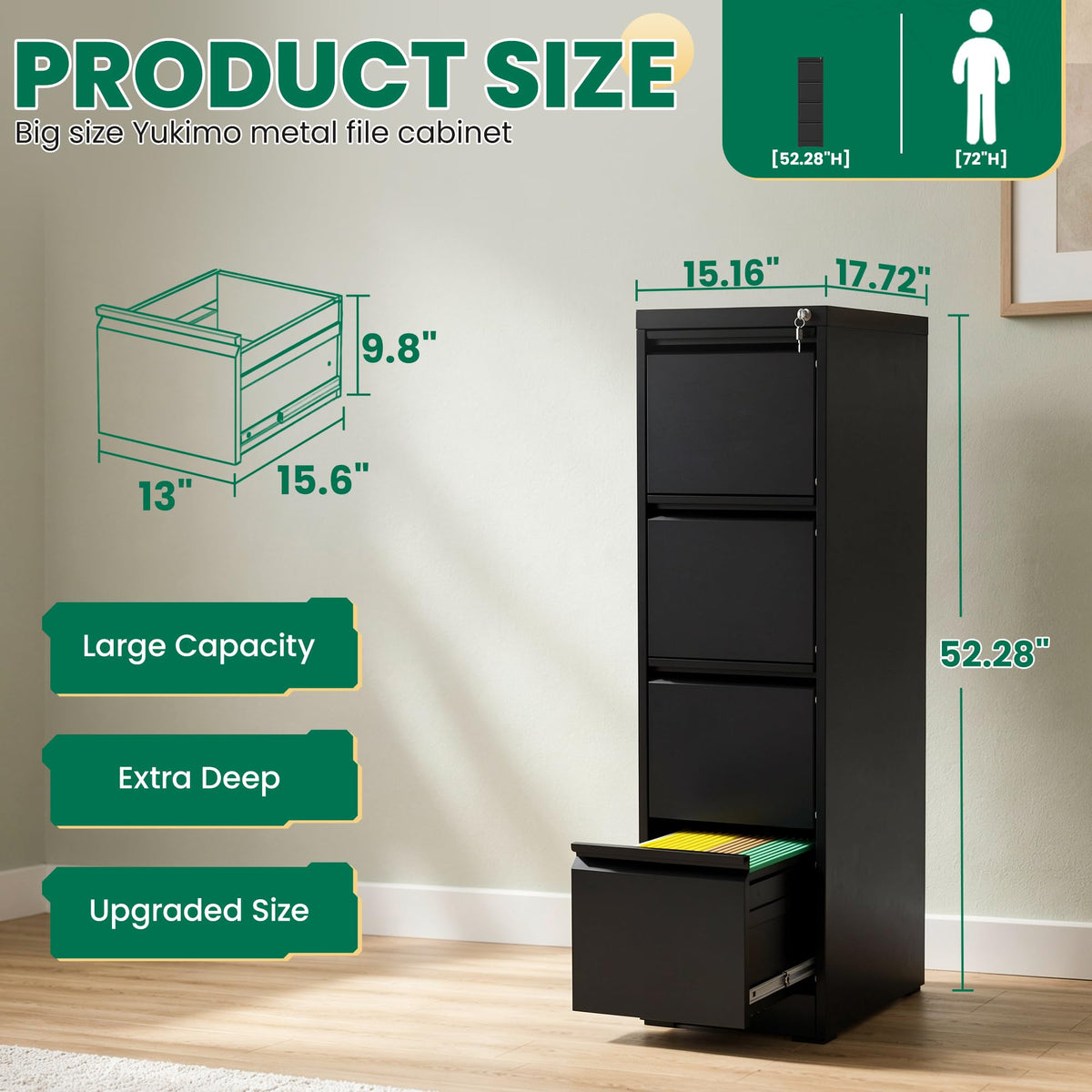 Black 4 Drawer Metal File Cabinet with Lock B967