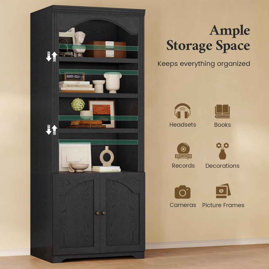 81"x31.4" Arched Bookcase with Adjustable Shelves & Doors E7299