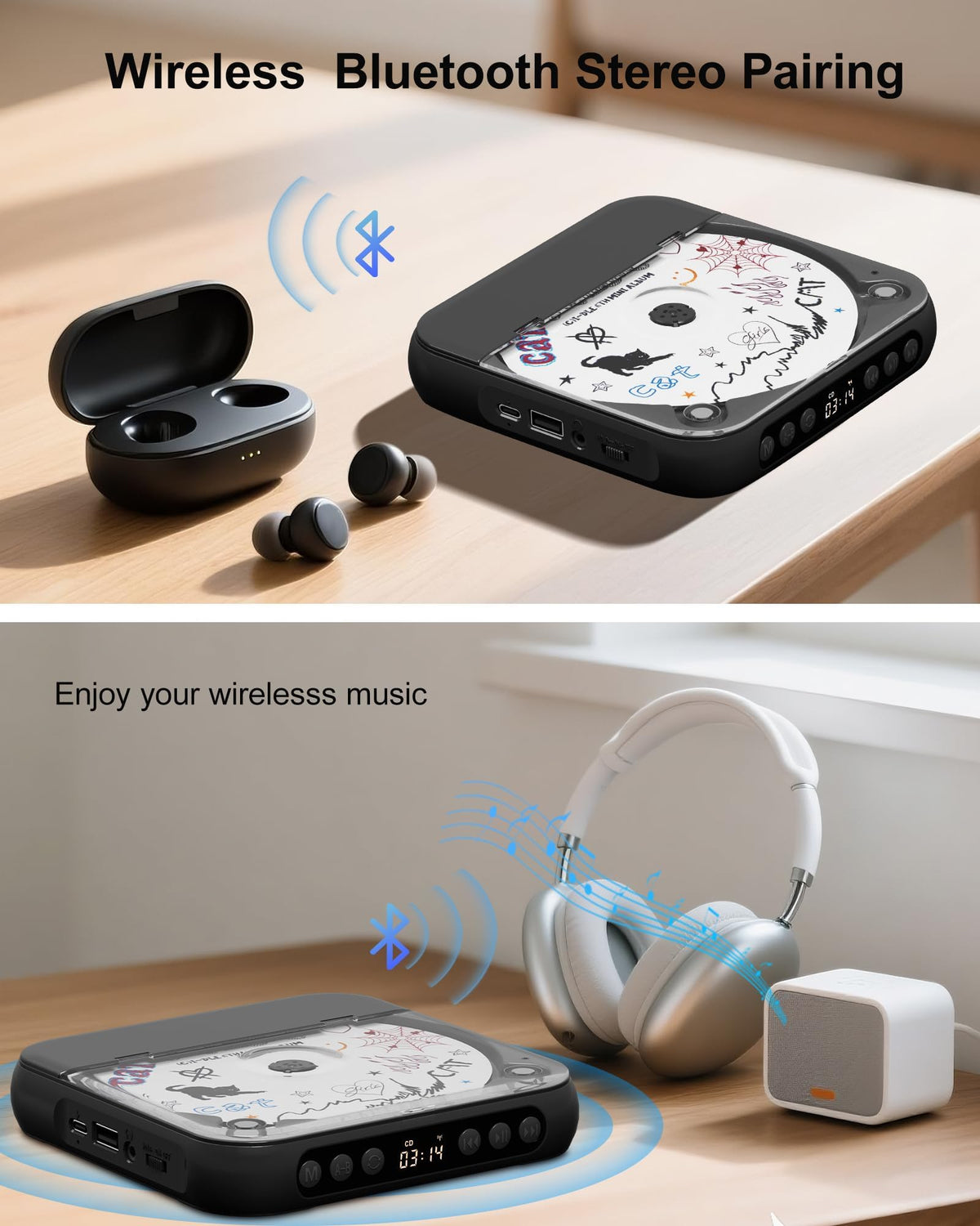 Portable CD Player with Dual Stereo Speakers, Bluetooth and Headphones, Black J64808