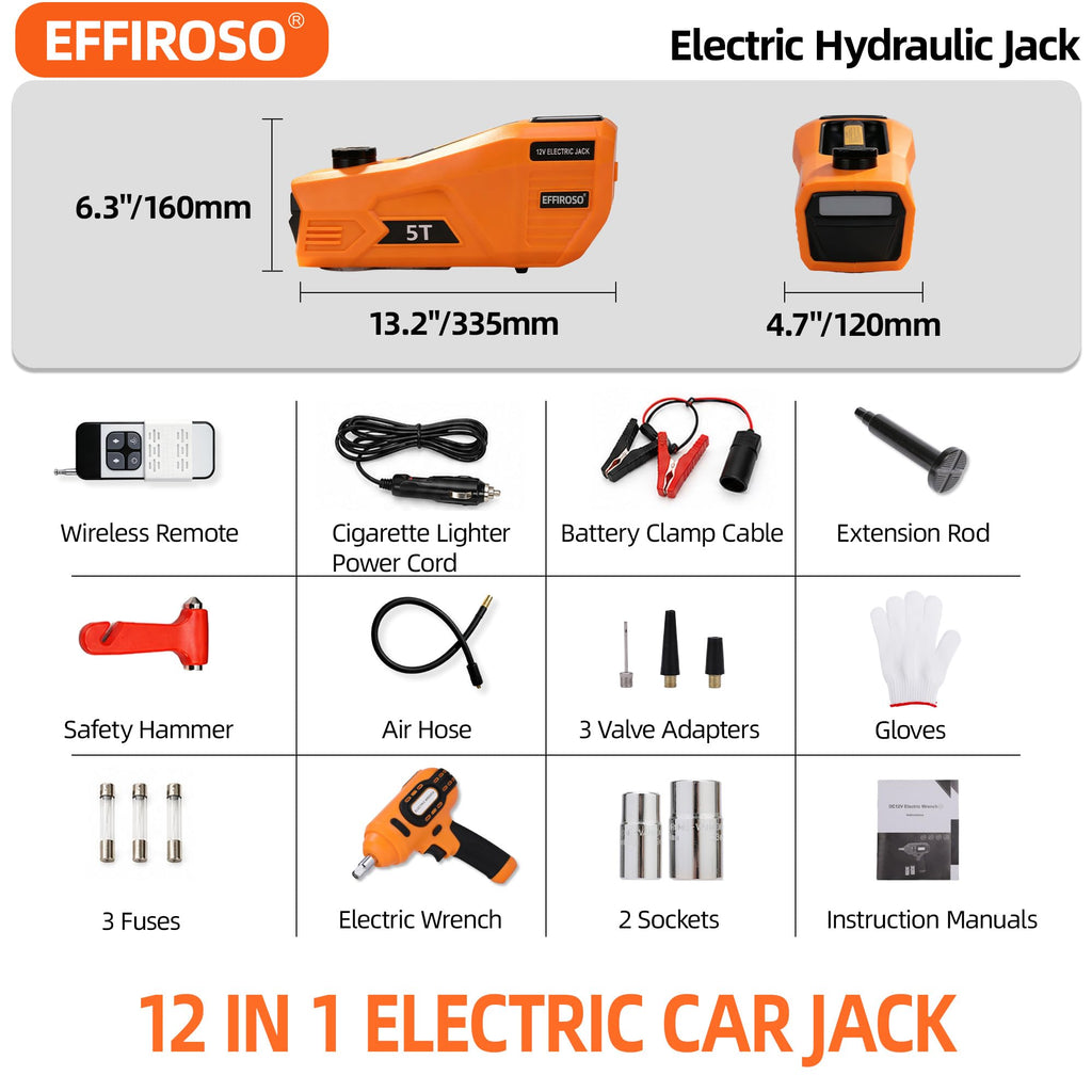 5 Ton 12V Electric Car Jack Kit with Impact Wrench and Tire Inflator Pump B7790