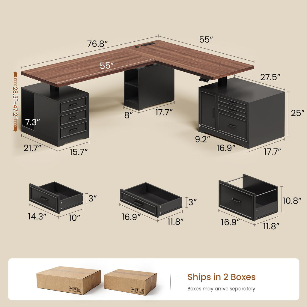 L Shaped Black Electric Standing Desk with 6 Drawers S466