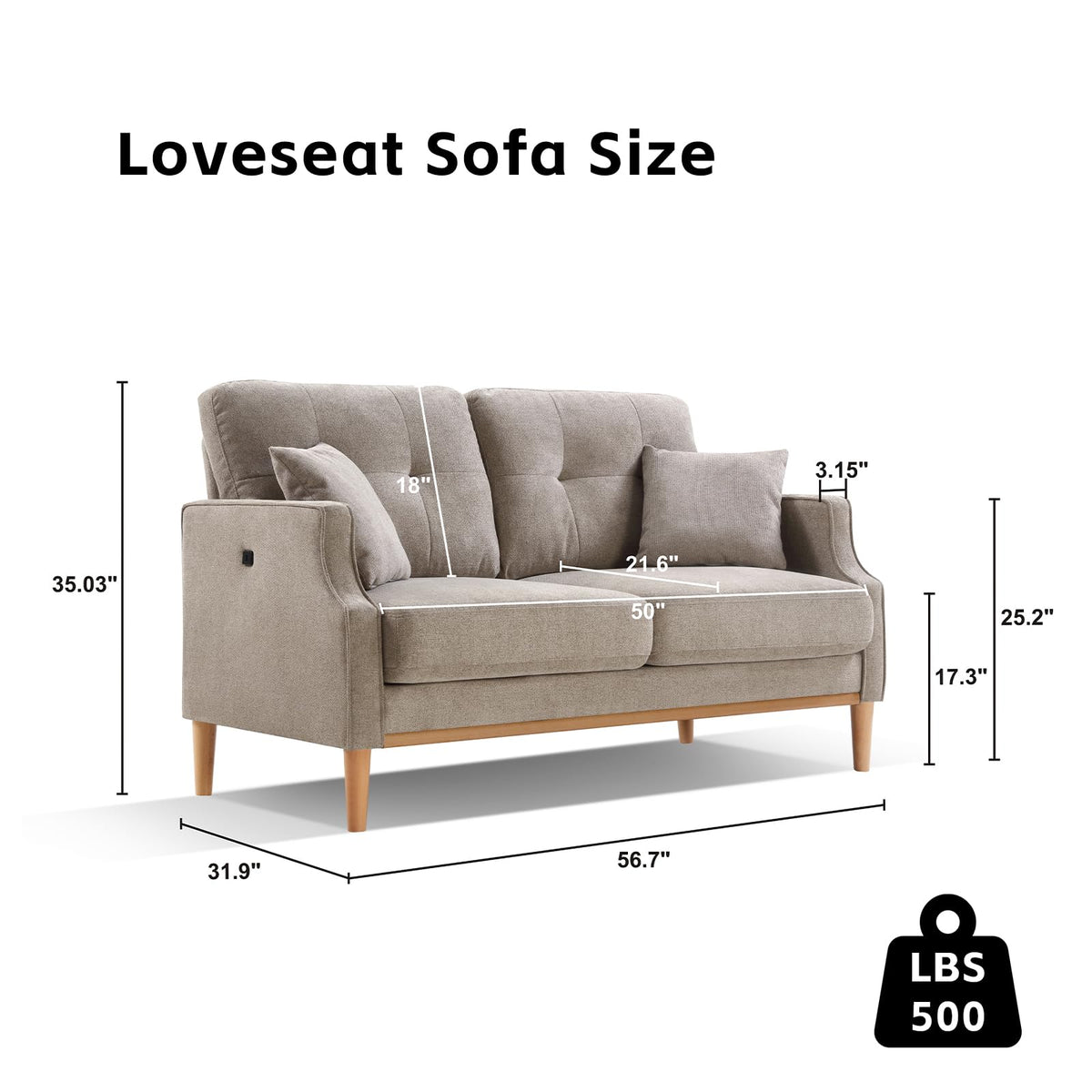 Light Grey Fabric Upholstered 2-Seat Loveseat Sofa with USB Port J8467